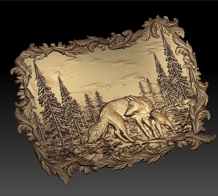 wolf and cub in nature forrest cnc router art frame