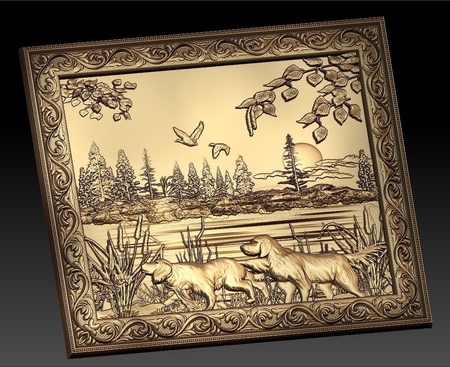  2 dogs hunting scene cnc router art  3d model for 3d printers