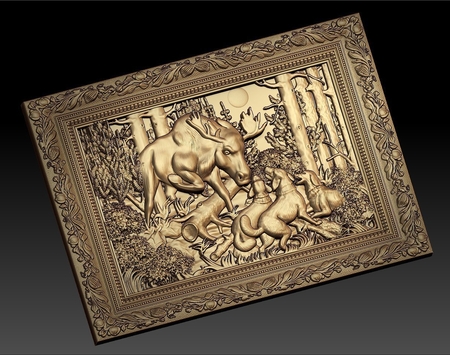 Moose attacking 3 digs hunting scene nature cnc art frame