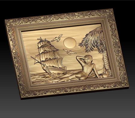 naked woman in front of a ship boat cnc art frame